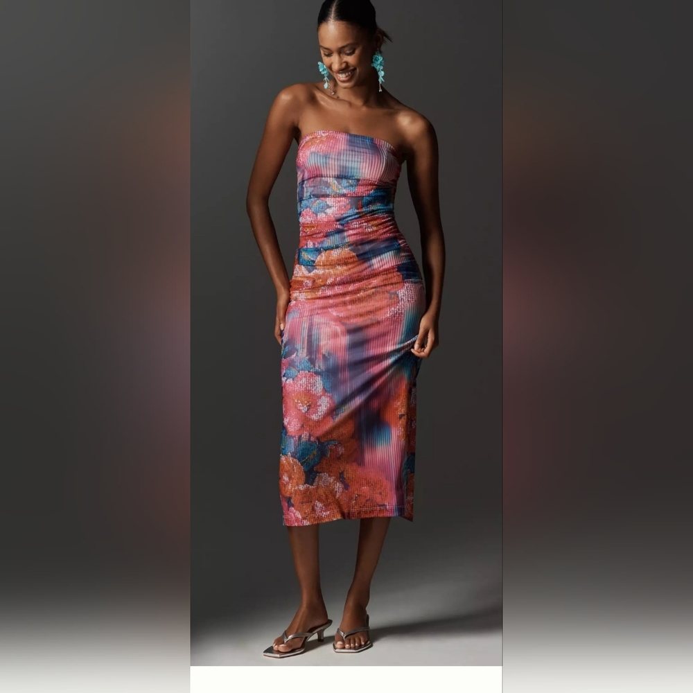 ANTHROPOLOGIE Soleil Slim Strapless Ruched Mesh Dress
